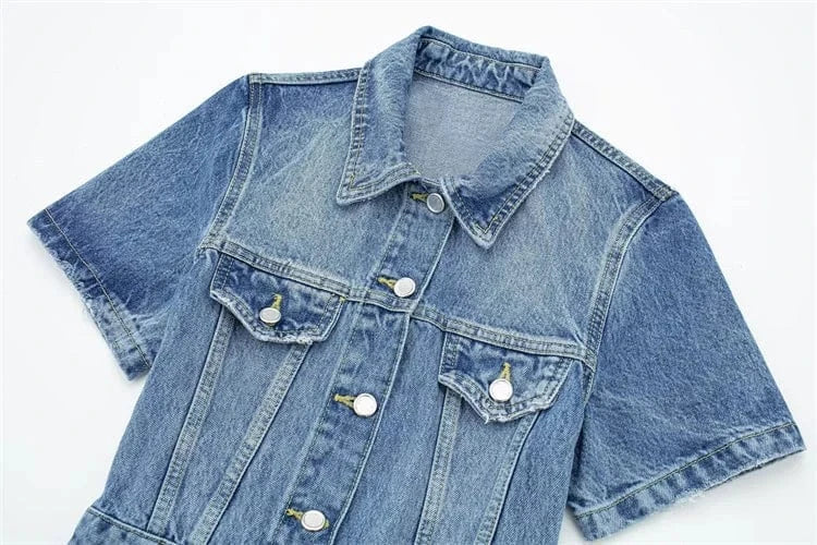 Women Short Sleeve Single Breasted Turn-down Collar Denim Bodycon Mini Dress 2024 Fashion Chic Dresses