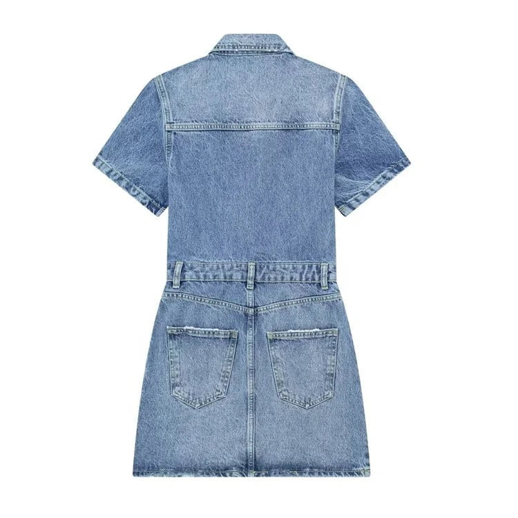 Women Short Sleeve Single Breasted Turn-down Collar Denim Bodycon Mini Dress 2024 Fashion Chic Dresses