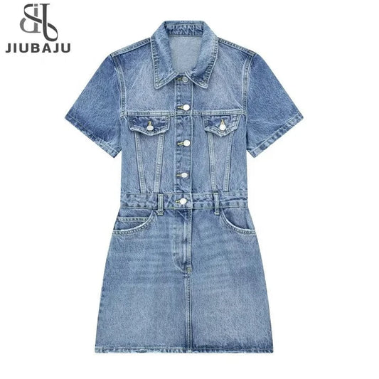 Women Short Sleeve Single Breasted Turn-down Collar Denim Bodycon Mini Dress 2024 Fashion Chic Dresses