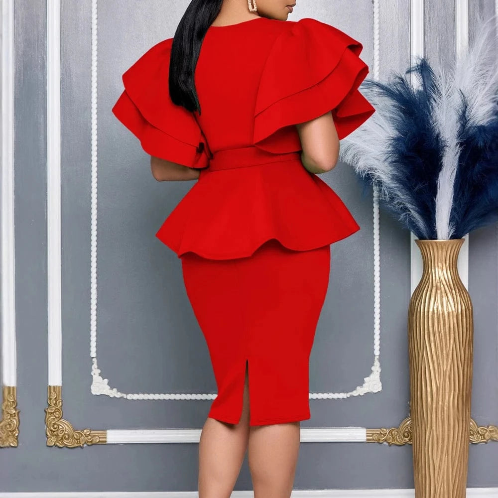 Women Short Sleeve V-Neck Ruffle Sleeve Peplum Bodycon Midi Dress 2025 Latest Fashion Summer African OL Work Evening Party Dress