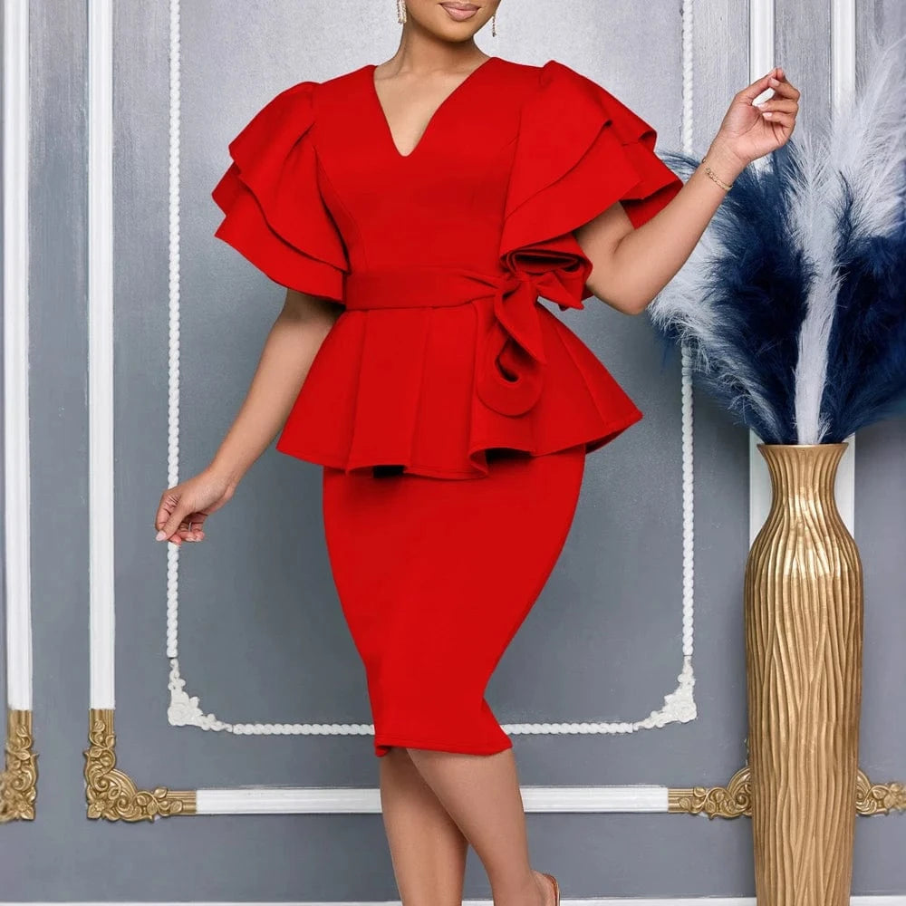 Women Short Sleeve V-Neck Ruffle Sleeve Peplum Bodycon Midi Dress 2025 Latest Fashion Summer African OL Work Evening Party Dress