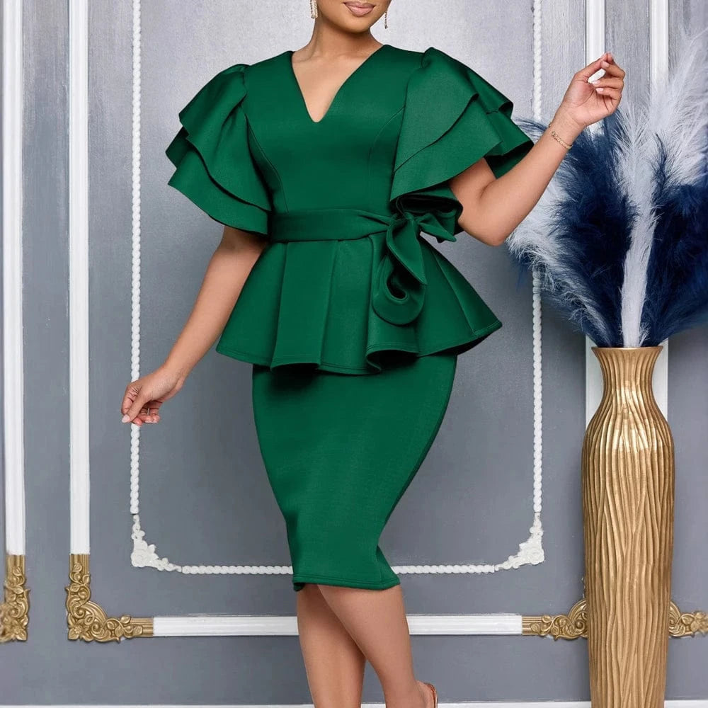 Women Short Sleeve V-Neck Ruffle Sleeve Peplum Bodycon Midi Dress 2025 Latest Fashion Summer African OL Work Evening Party Dress