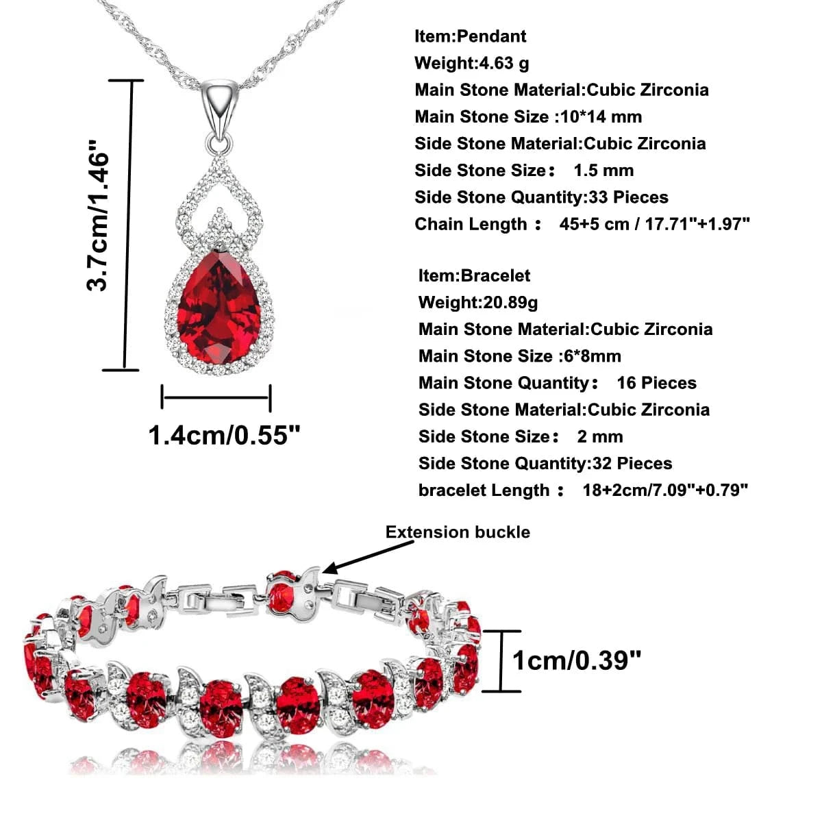 Women Silver 925 Custom Jewelry Sets Red Garnet Earrings Necklace Open Ring Bracelets Set for Mom/Wife/Friend
