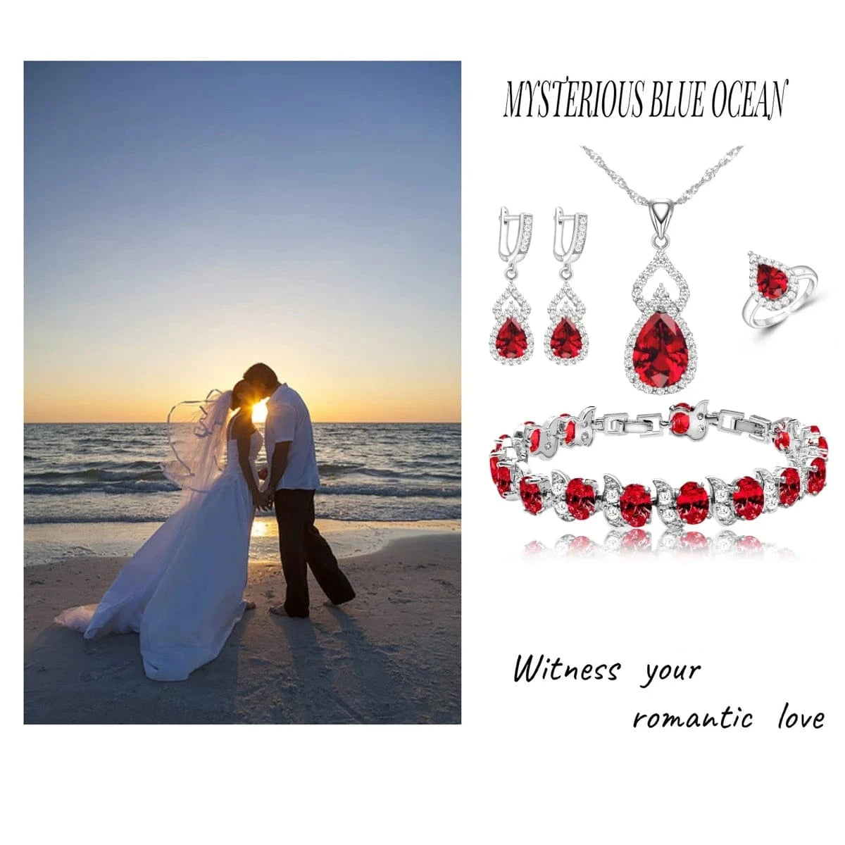 Women Silver 925 Custom Jewelry Sets Red Garnet Earrings Necklace Open Ring Bracelets Set for Mom/Wife/Friend