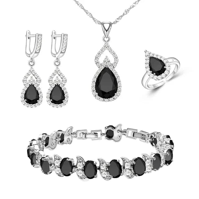 Women Silver 925 Custom Jewelry Sets Red Garnet Earrings Necklace Open Ring Bracelets Set for Mom/Wife/Friend