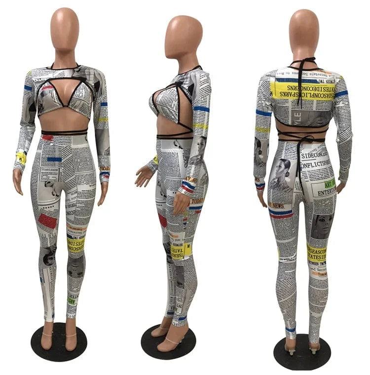 Women Skinny O-Neck Long Sleeve Streetwear Female Outfits Clubwear Legging Newspaper Pants Two Piece Set Tights And Bra Top