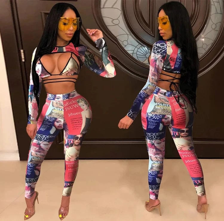 Women Skinny O-Neck Long Sleeve Streetwear Female Outfits Clubwear Legging Newspaper Pants Two Piece Set Tights And Bra Top