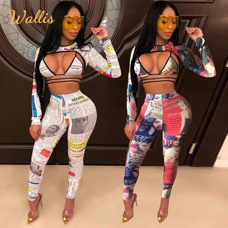 Women Skinny O-Neck Long Sleeve Streetwear Female Outfits Clubwear Legging Newspaper Pants Two Piece Set Tights And Bra Top