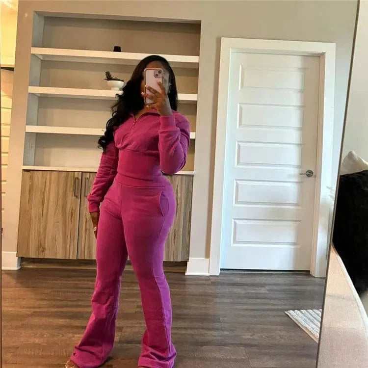 Women Solid 2 Piece Set Tracksuits Long Sleeve Zipper Pullover Sweatshirts Crop Top + Flare Pants Casual Streetwear Suit