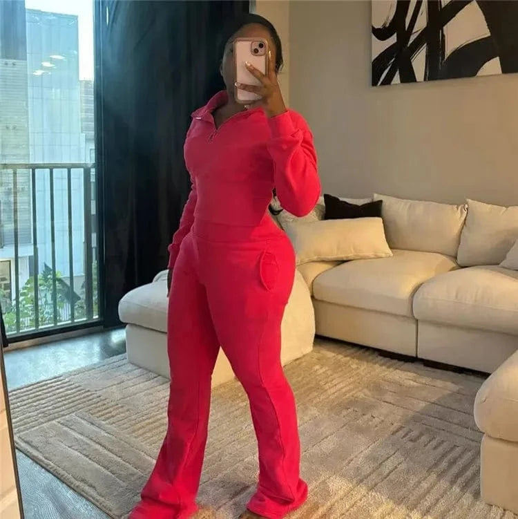 Women Solid 2 Piece Set Tracksuits Long Sleeve Zipper Pullover Sweatshirts Crop Top + Flare Pants Casual Streetwear Suit