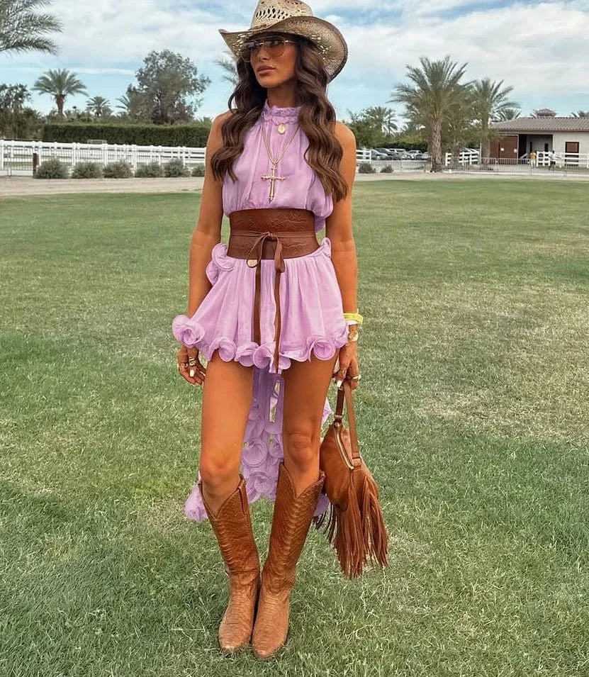 Women Spring Summer New Ruffle Edge Sleeveless Tank Top & Skirt Set Chiffon Fashion Solid Color