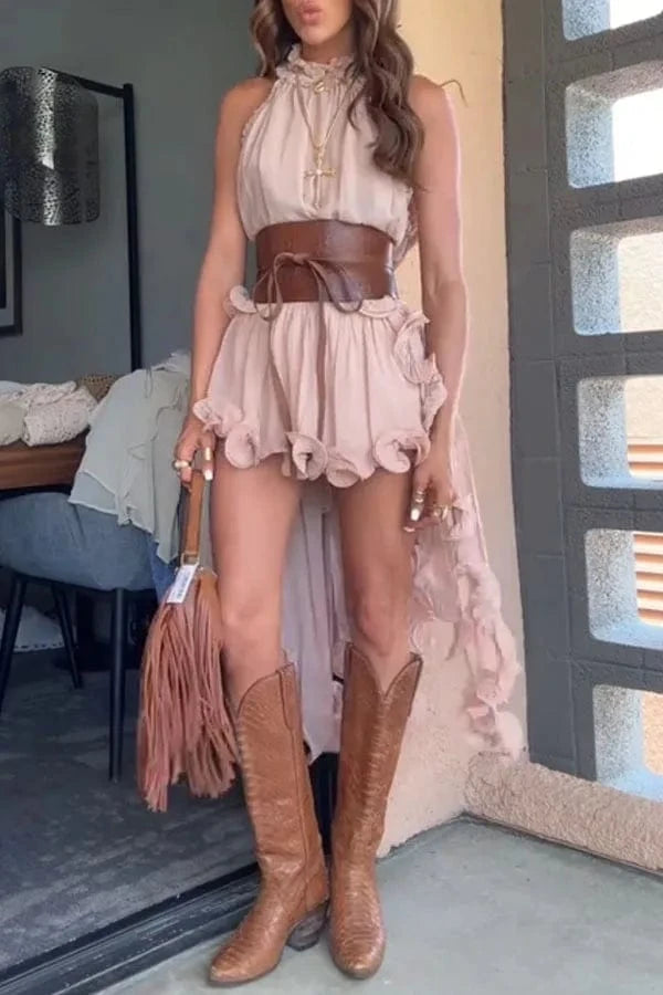 Women Spring Summer New Ruffle Edge Sleeveless Tank Top & Skirt Set Chiffon Fashion Solid Color
