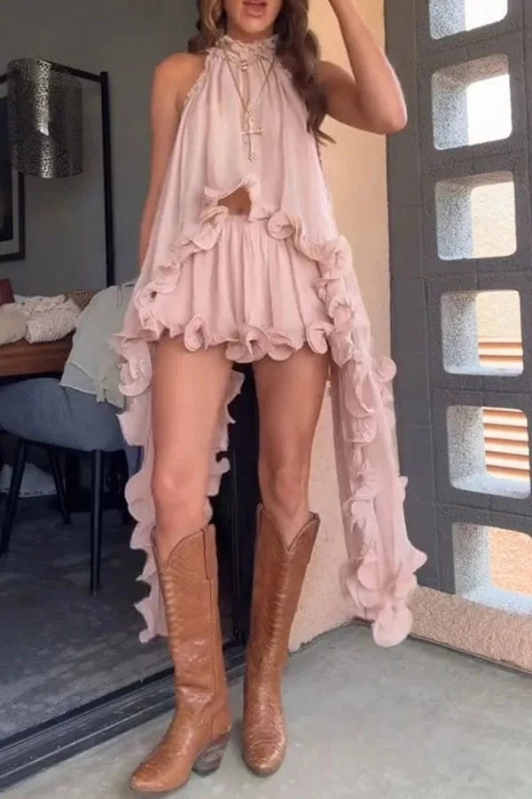 Women Spring Summer New Ruffle Edge Sleeveless Tank Top & Skirt Set Chiffon Fashion Solid Color