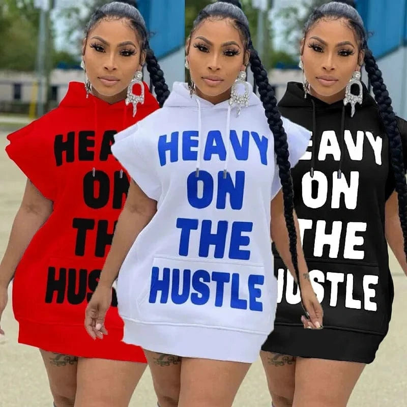 Women Streetwear Casual Letter Print Hooded Flare Short Sleeve Sweatshirt Style Dress 2024 New
