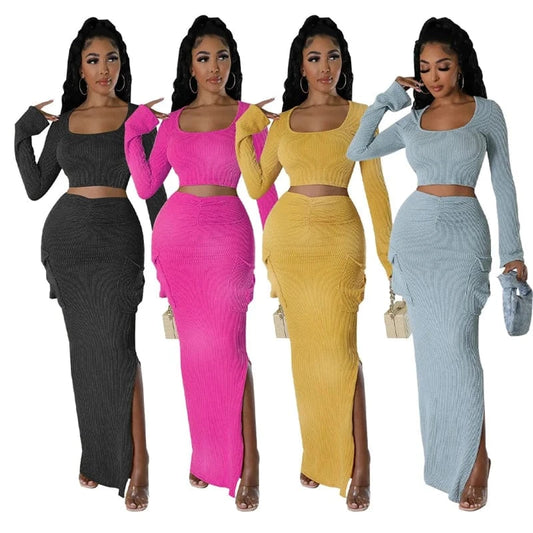 women striped knit midi skirt and long sleeve square collar top 2 pc two piece set spring 2024 clothing clothes outfit for women