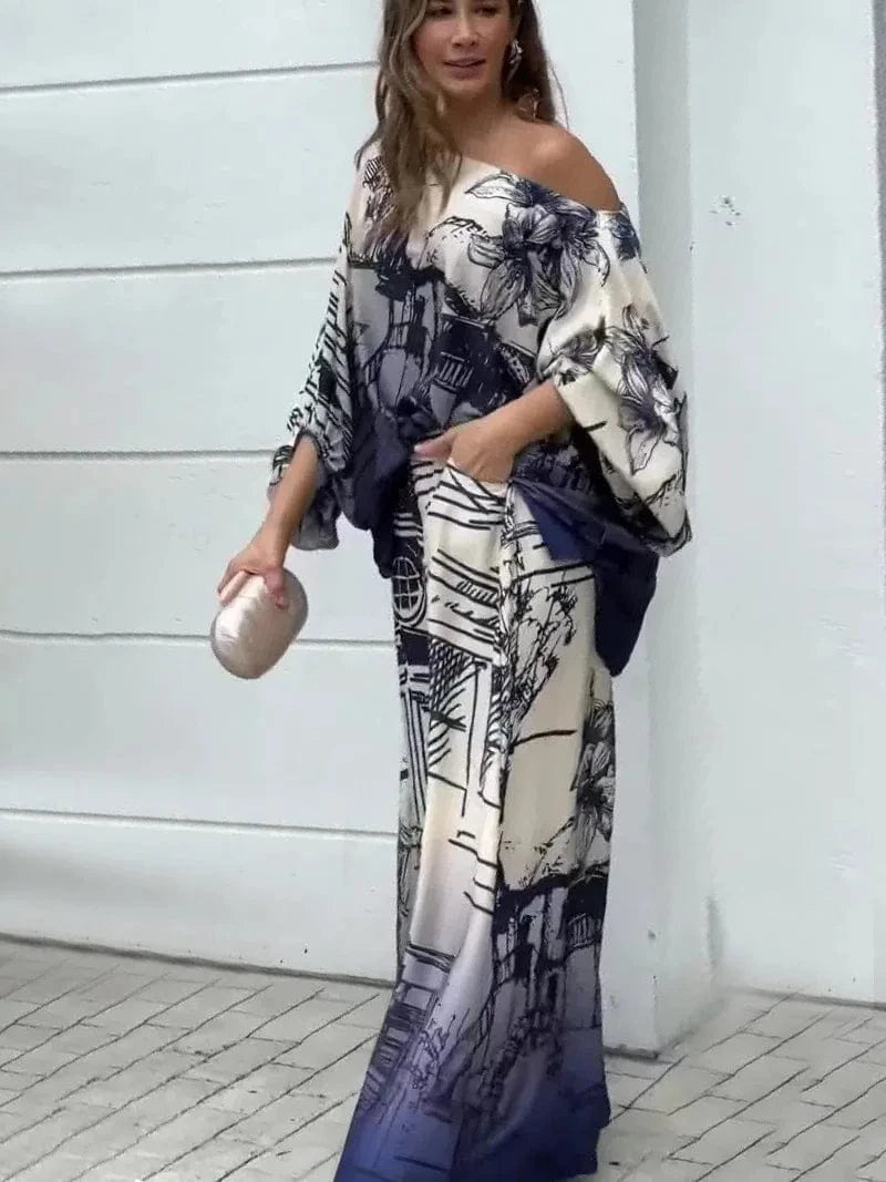 Women Summer 2 Piece Set Casual Crew Pullover Printed Half Lantern Sleeve Top Loose Wide Legs With Pockets Pants Sets