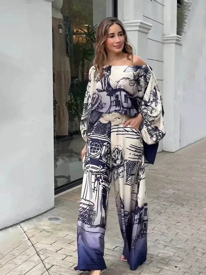 Women Summer 2 Piece Set Casual Crew Pullover Printed Half Lantern Sleeve Top Loose Wide Legs With Pockets Pants Sets