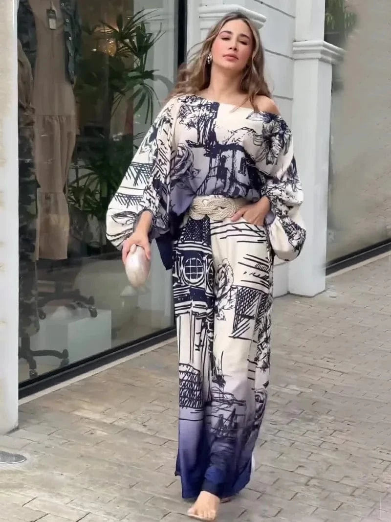 Women Summer 2 Piece Set Casual Crew Pullover Printed Half Lantern Sleeve Top Loose Wide Legs With Pockets Pants Sets