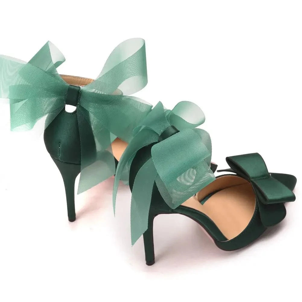 Women Summer Banquet Sexy Sandals Ladies Point Toe Bowknot Silk Satin High Heels Stilettos