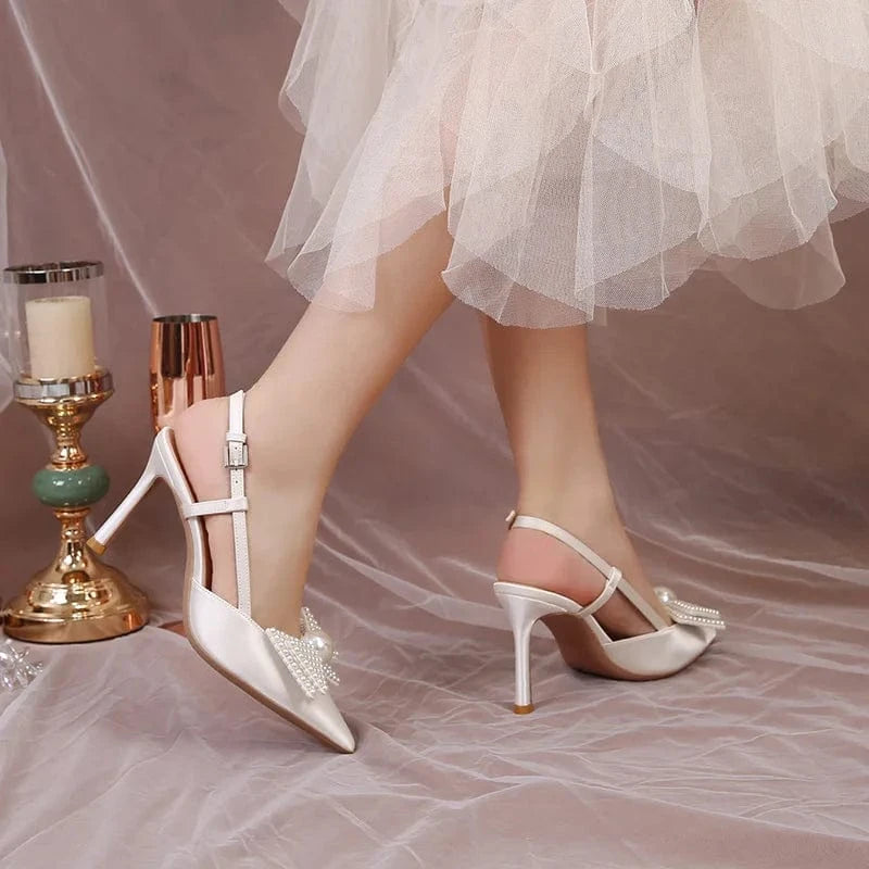 Women Summer Casual Slingback High Heels Sandals Pearl Bowknot Clip Wedding Shoes For Bridals
