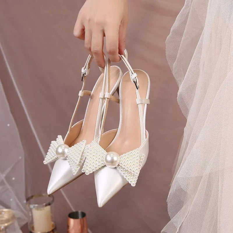 Women Summer Casual Slingback High Heels Sandals Pearl Bowknot Clip Wedding Shoes For Bridals