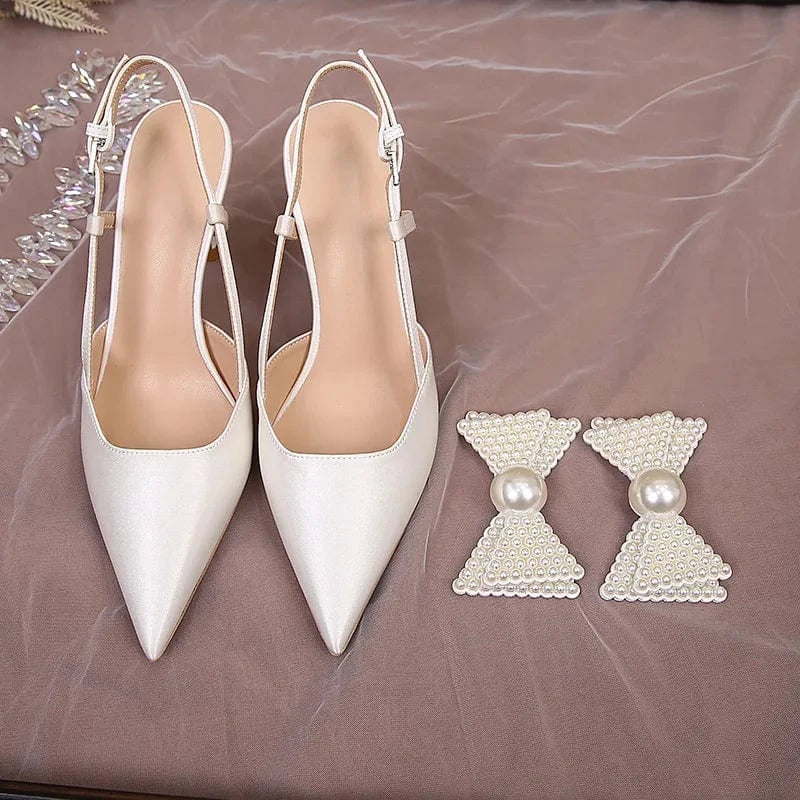 Women Summer Casual Slingback High Heels Sandals Pearl Bowknot Clip Wedding Shoes For Bridals