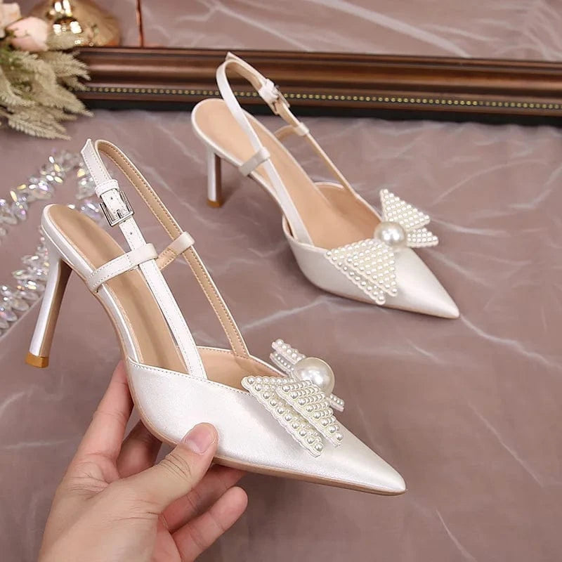 Women Summer Casual Slingback High Heels Sandals Pearl Bowknot Clip Wedding Shoes For Bridals