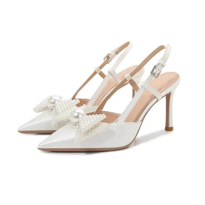 Women Summer Casual Slingback High Heels Sandals Pearl Bowknot Clip Wedding Shoes For Bridals