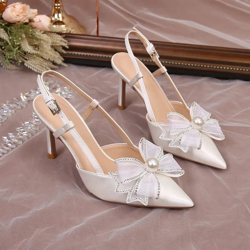 Women Summer Luxury Wrap Toe High Heels Sandals Ladies Slingback Bowknot Pointed Toe Bridals Wedding Shoes Banquets Party