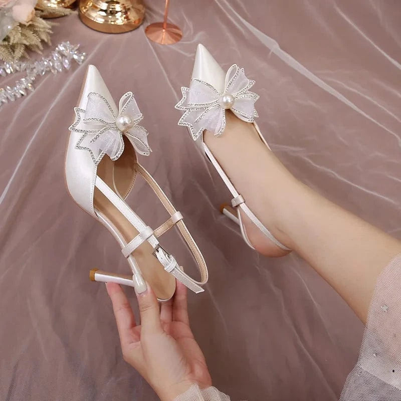 Women Summer Luxury Wrap Toe High Heels Sandals Ladies Slingback Bowknot Pointed Toe Bridals Wedding Shoes Banquets Party