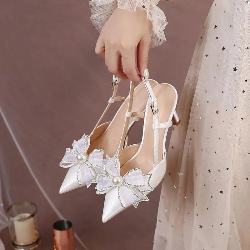 Women Summer Luxury Wrap Toe High Heels Sandals Ladies Slingback Bowknot Pointed Toe Bridals Wedding Shoes Banquets Party