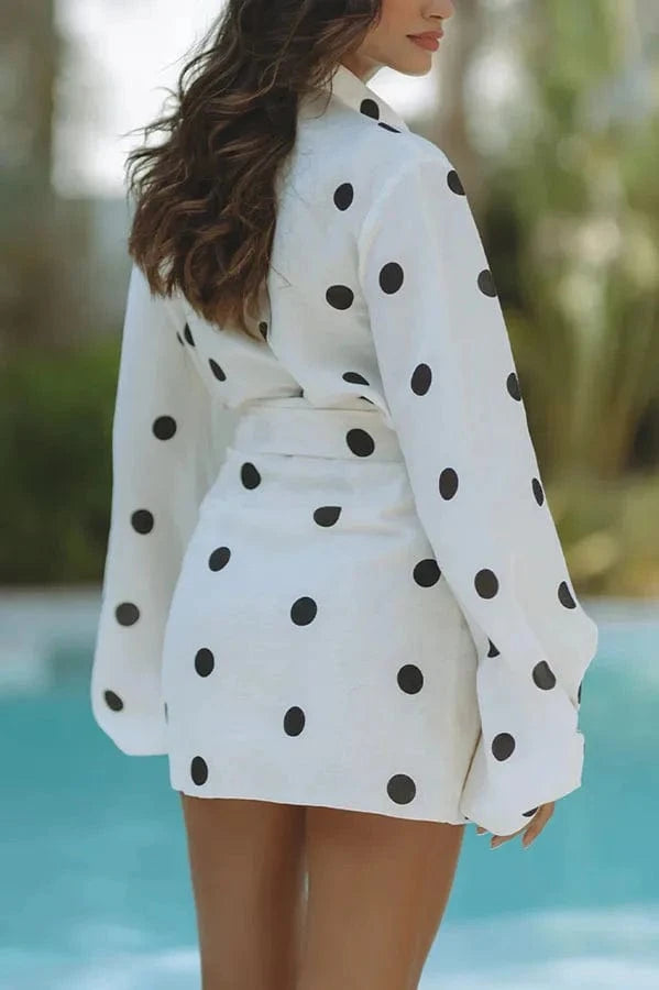 Women Summer New Long-sleeved Printed Polka Dot Shirt Top & Casual Loose Shorts 2pcs Set