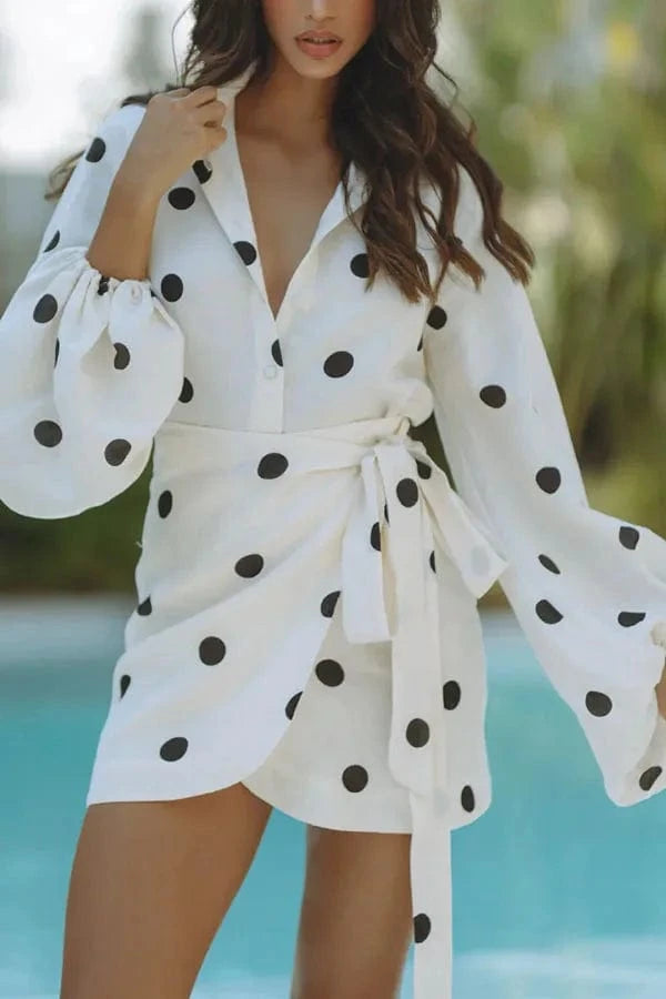 Women Summer New Long-sleeved Printed Polka Dot Shirt Top & Casual Loose Shorts 2pcs Set