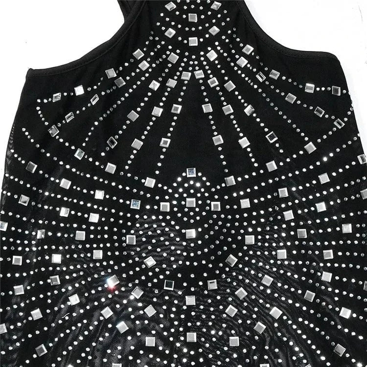 Women Summer Patchwork Hollow Out Rhinestones Sleeveless Tight Clubwear Sexy Overalls