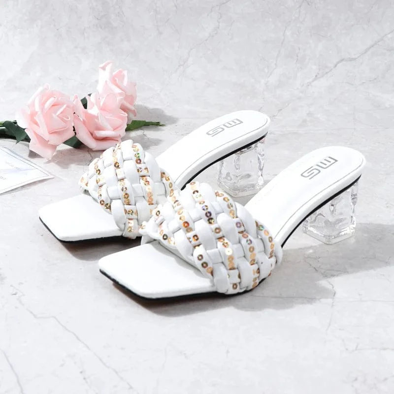 Women Summer Peep Toe Square Block Heels Sandals Transparent Heels Slippers