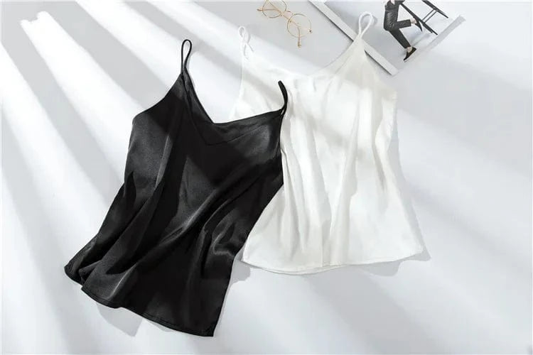 Women Summer Silk-Like Satin Tank Top Camisole Ladies Bottoming Shirt Sexy V-Neck Plain Camis 2024