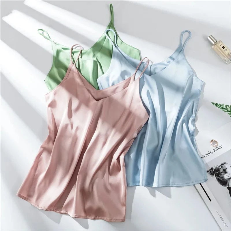 Women Summer Silk-Like Satin Tank Top Camisole Ladies Bottoming Shirt Sexy V-Neck Plain Camis 2024