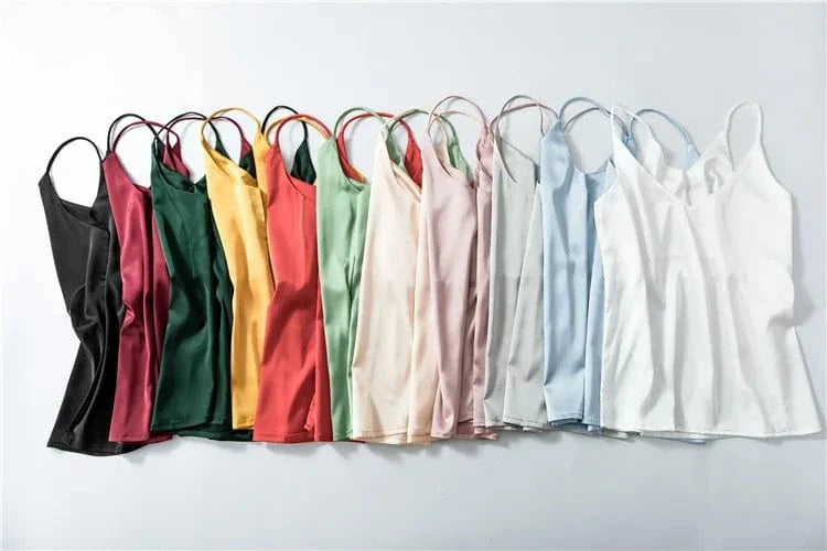 Women Summer Silk-Like Satin Tank Top Camisole Ladies Bottoming Shirt Sexy V-Neck Plain Camis 2024