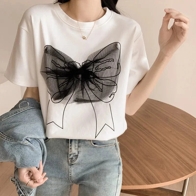 Women Summer Sweet 100% cotton short sleeve t-shirt Mesh Bow Patchwork Design O-neck Tops Lace Bow Knot T-shirts