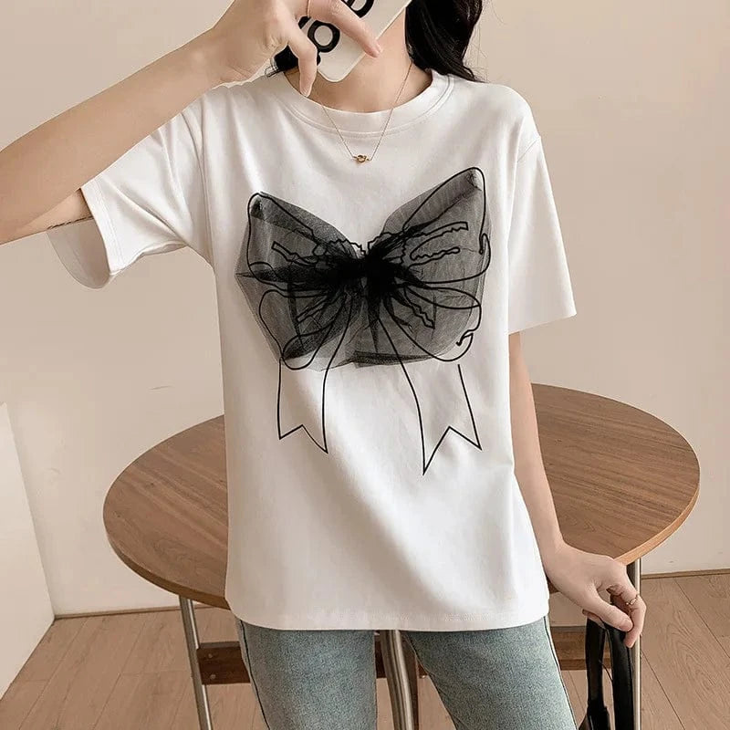 Women Summer Sweet 100% cotton short sleeve t-shirt Mesh Bow Patchwork Design O-neck Tops Lace Bow Knot T-shirts