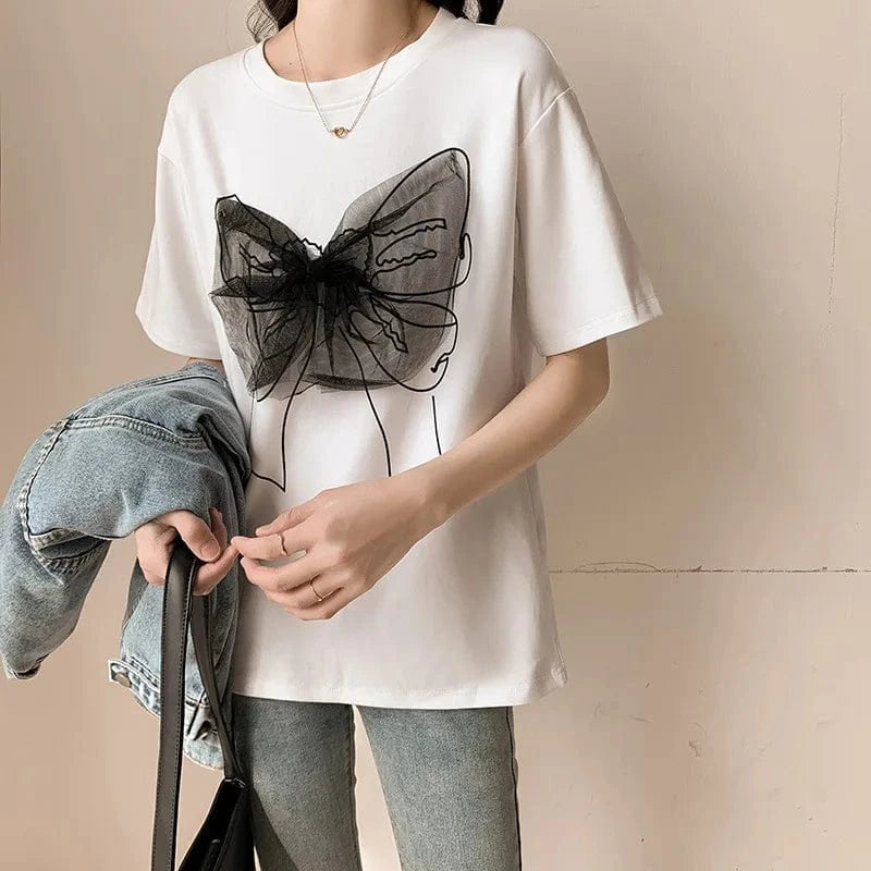 Women Summer Sweet 100% cotton short sleeve t-shirt Mesh Bow Patchwork Design O-neck Tops Lace Bow Knot T-shirts