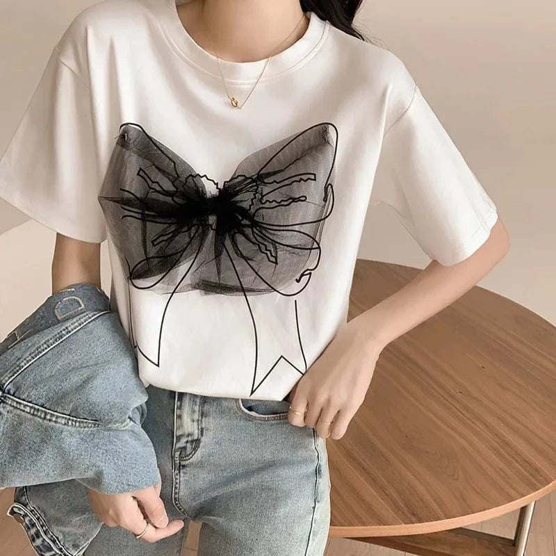 Women Summer Sweet 100% cotton short sleeve t-shirt Mesh Bow Patchwork Design O-neck Tops Lace Bow Knot T-shirts