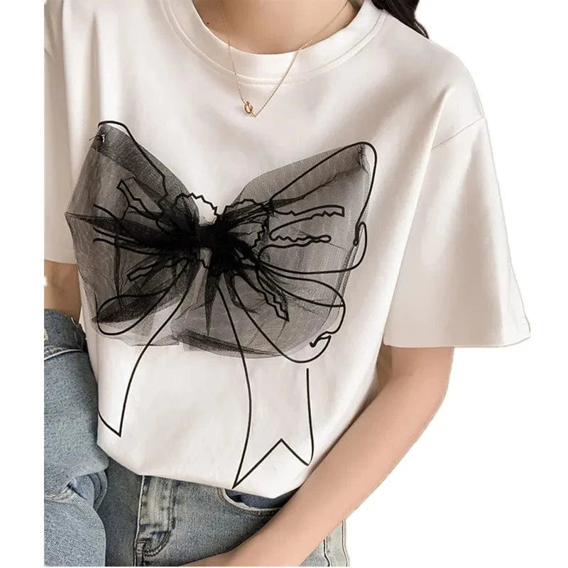 Women Summer Sweet 100% cotton short sleeve t-shirt Mesh Bow Patchwork Design O-neck Tops Lace Bow Knot T-shirts