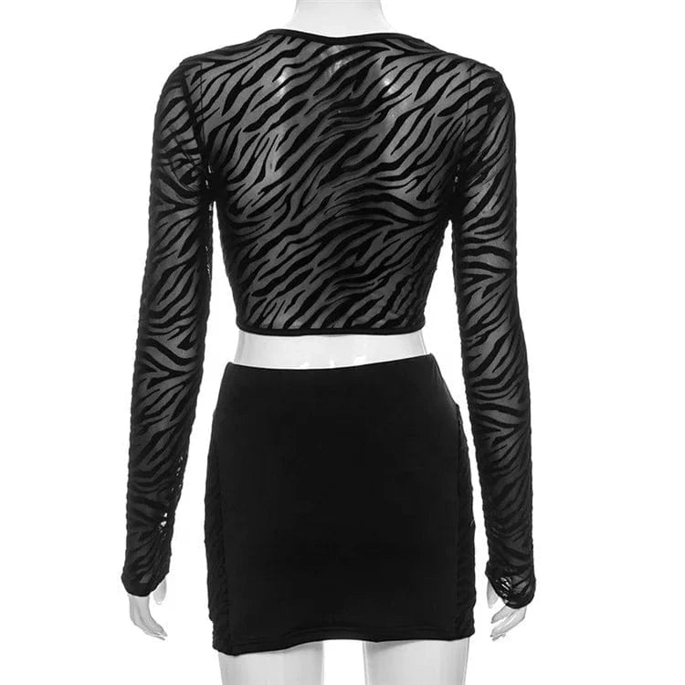 Women Tiger Striped Print Bodycon 2 Piece Set Spring 2024 Sexy Hollow Out Diamonds Crop Top Mini Skirt Outfits