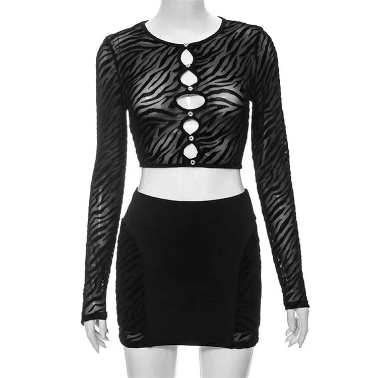 Women Tiger Striped Print Bodycon 2 Piece Set Spring 2024 Sexy Hollow Out Diamonds Crop Top Mini Skirt Outfits