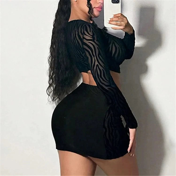 Women Tiger Striped Print Bodycon 2 Piece Set Spring 2024 Sexy Hollow Out Diamonds Crop Top Mini Skirt Outfits