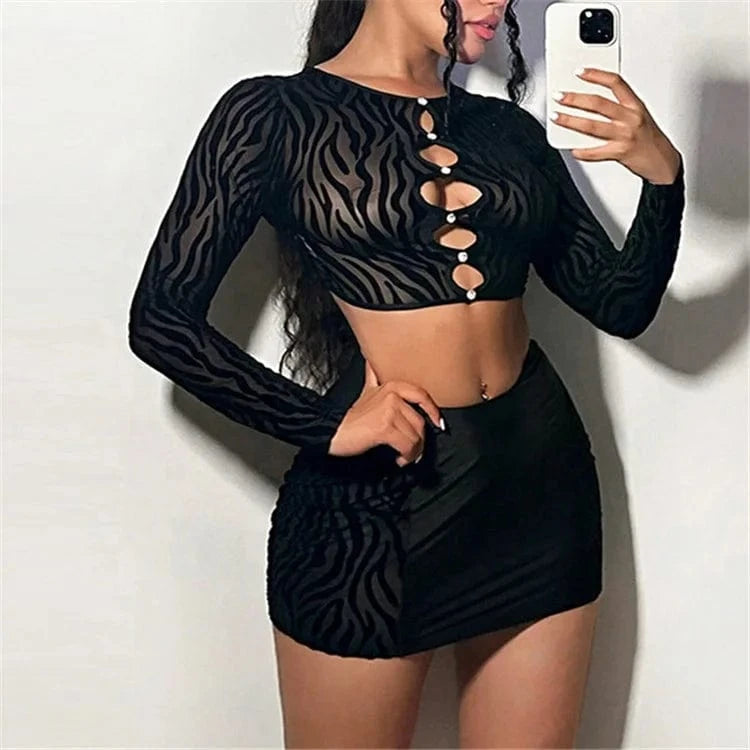 Women Tiger Striped Print Bodycon 2 Piece Set Spring 2024 Sexy Hollow Out Diamonds Crop Top Mini Skirt Outfits