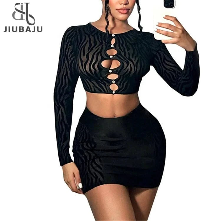 Women Tiger Striped Print Bodycon 2 Piece Set Spring 2024 Sexy Hollow Out Diamonds Crop Top Mini Skirt Outfits