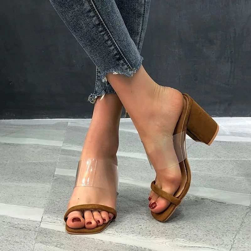 Women Transparent Heel Glass High Heel Shoes Large Size Block High Heel Sandals