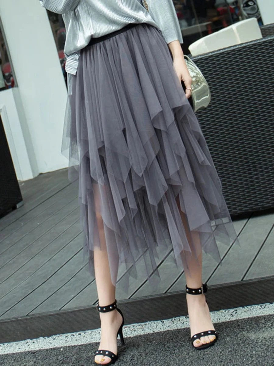 Women Tutu Tulle Skirt Elegant High Waist Mesh Tiered Layered Half Skirt Female Prom Party Midi Skirt for Summer Fairycore Y2K